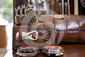 premium handmade shoe care set in brown leather with shoe brush and shoe horn