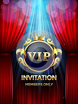 Premium invitation card. Vip party invite with golden crown and open red curtains. Grand opening banner vector template