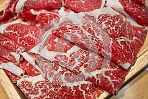 Premium Japanese meat sliced wagyu marbled beef in wood box