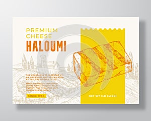 Premium Local Haloumi Food Label Template. Abstract Vector Packaging Design Layout. Modern Typography Banner with Hand photo