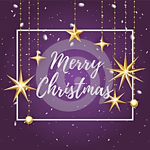 Premium luxury Merry Christmas holiday greeting card. Golden decoration ornament with Christmas star on vip purple