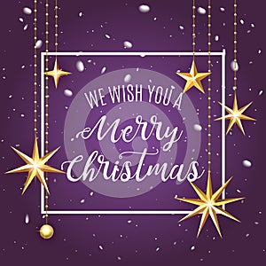 Premium luxury Merry Christmas holiday greeting card. Golden decoration ornament with Christmas star on vip purple