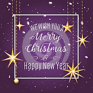 Premium luxury Merry Christmas holiday greeting card. Golden decoration ornament with Christmas star on vip purple