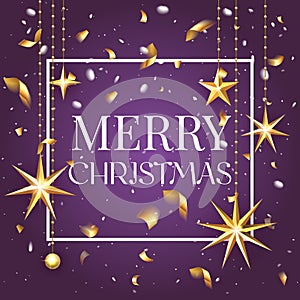 Premium luxury Merry Christmas holiday greeting card. Golden decoration ornament with Christmas star on vip purple
