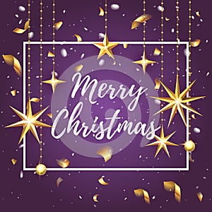 Premium luxury Merry Christmas holiday greeting card. Golden decoration ornament with Christmas star on vip purple