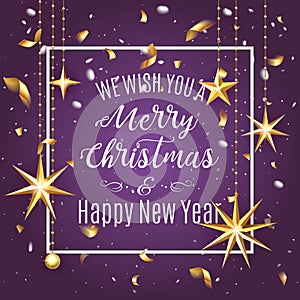 Premium luxury Merry Christmas holiday greeting card. Golden decoration ornament with Christmas star on vip purple