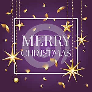 Premium luxury Merry Christmas holiday greeting card. Golden decoration ornament with Christmas star on vip purple