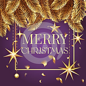 Premium luxury Merry Christmas holiday greeting card. Golden decoration ornament with Christmas star on vip purple