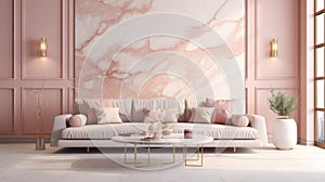 Premium Pastel Pink Marble Wall With Gray Furniture And Art Deco Accents