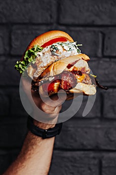 Premium patties burgers. Grilled chicken patty with fresh lettuce. Bacon and angus beef patty at the with melted cheese