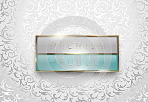 Premium product light grey and green label with golden frame on white floral background. Luxury glossy logo template. Vector