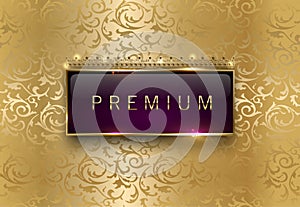 Premium purple label with rectangle golden frame crown on gold floral background. Royal glossy vip template. Vector luxury