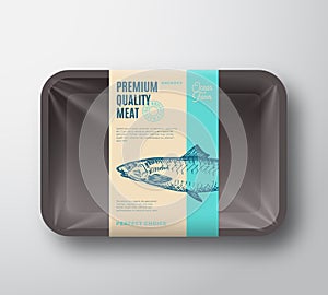 Premium Quality Anchovy. Abstract Vector Fish Plastic Tray with Cellophane Cover Packaging Design Label. Modern