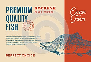 Premium Quality Atlantic Sockey Salmon. Abstract Vector Food Packaging Design or Label. Modern Typography and Hand Drawn
