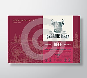 Premium Quality Beef Mock Up. Organic Vector Meat Packaging Label Design on a Cardboard Box Container. Modern Typography