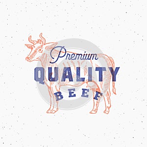 Premium Quality Beef. Retro Print Effect Card. Abstract Vector Sign, Symbol or Logo Template. Hand Drawn Cow Sillhouette
