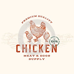 Premium Quality Chicken Meat and Eggs Abstract Vector Sign, Symbol or Logo Template. Hand Drawn Hen and Chicks