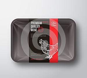 Premium Quality Chicken Meat Package and Label Stripe. Abstract Vector Food Plastic Tray Container with Cellophane Cover