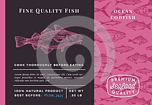 Premium Quality Codfish Abstract Vector Crab Packaging Design or Label. Modern Typography and Hand Drawn Sketch Fish
