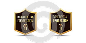 Premium Quality Confidential Protection Secret Privacy Data. Shield guard shape badge label with key keyhole icon in vector.