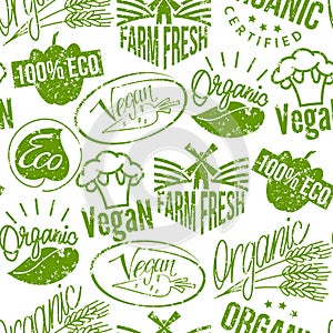 Premium quality eco vegan stamp logo product mark retro grunge badges vector seamless pattern background .