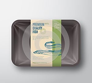 Premium Quality Fish . Abstract Vector Plastic Tray with Cellophane Cover Packaging Design Label. Modern Typography and