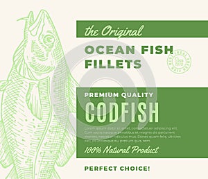 Premium Quality Fish Fillets. Abstract Vector Fish Packaging Design or Label. Modern Typography and Hand Drawn Codfish