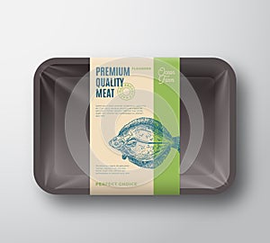 Premium Quality Flounder. Abstract Vector Fish Plastic Tray with Cellophane Cover Packaging Design Label. Modern