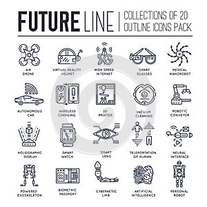 Premium quality future thin line ollection set. Tomorrow minimalistic symbol pack. Modern technology template of icons