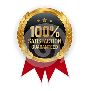 Premium Quality Gold Medal Badge.100 Satisfaction Guaranteed Sign Isolated on White Background. Vector Illustration EPS10