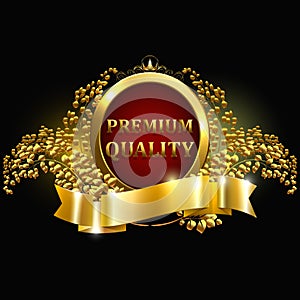 Premium quality guaranteed golden label with crown and laurel wreath. isolated on black background vector illustration. Vintage Ba