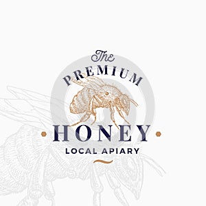 Premium Quality Honey Sign, Symbol or Logo Template. Hand Drawn Bee Sketch with Retro Typography. Local Apiary Vintage