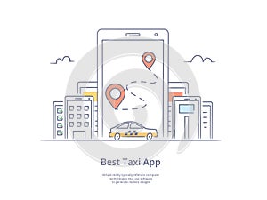 Premium Quality Line Hand Drawn Icon And Concept Set: Mobile app for ordering taxi, Mobile phone with street map and