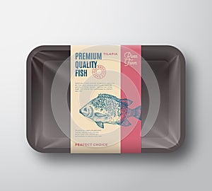 Premium Quality Pangasius. Abstract Vector Fish Plastic Tray with Cellophane Cover Packaging Design Label. Modern