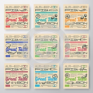 Premium Quality Pizza Labels Set. Abstract Vector Food Packaging Design or Cards. Modern Typography and Hand Drawn Pizza