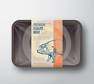 Premium Quality Pork Pack. Abstract Vector Meat Plastic Tray Container with Cellophane Cover. Packaging Design Label