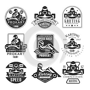 Premium Quality Procart Competition Club Set Of Black And White Emblems With Racing Karting Car And Racer Silhouettes