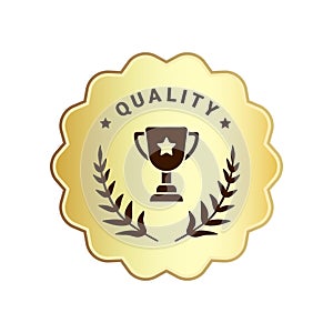 Premium quality product label sign. Round best quality product logo. Gold badge icon with winner trophy, stars and