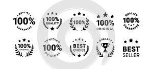 Premium quality product labels set. Round quality product guarantee logo collection. Black circle badge icon with 100