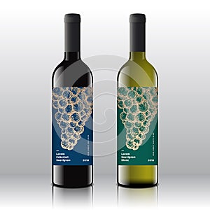 Premium Quality Red and White Wine Labels Set on the Realistic Vector Bottles. Clean and Modern Design with Hand Drawn