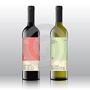 Premium Quality Red and White Wine Labels Set on the Realistic Vector Bottles. Clean and Modern Minimalist Design with