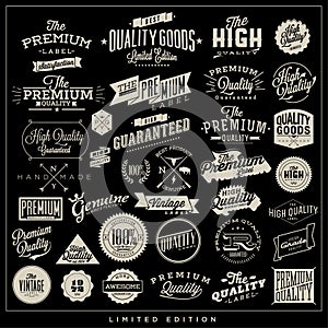 Premium Quality and Satisfaction Guarantee Label collection with black grungy design.