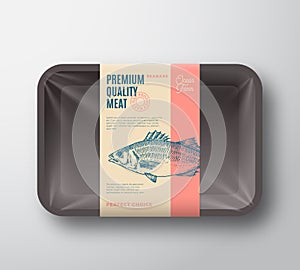 Premium Quality Sea Bass Pack. Abstract Vector Fish Plastic Tray Container with Cellophane Cover. Packaging Design Label