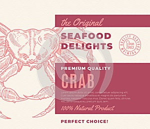 Premium Quality Seafood Delights. Abstract Vector Packaging Design or Label. Modern Typography and Hand Drawn Crab photo