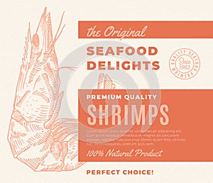 Premium Quality Seafood Delights. Abstract Vector Packaging Design or Label. Modern Typography and Hand Drawn Shrimp or photo