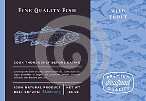 Premium Quality Trout Abstract Vector Packaging Design or Label. Modern Typography and Hand Drawn Sketch Fish Pattern