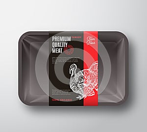 Premium Quality Turkey Meat Package and Label Stripe. Vector Food Plastic Tray Container with Cellophane Cover