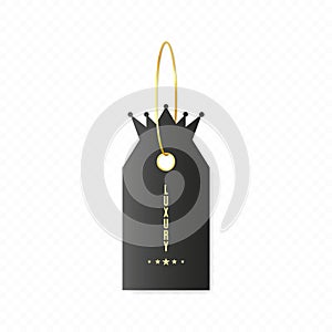 Premium quality vector badge. Luxury black label with crown, sticker, tag. Vector illustration. FONT ANTONIO OFL Apache