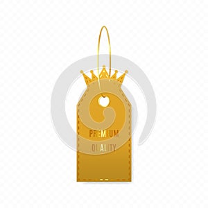 Premium quality vector badge. Luxury golden label with crown, sticker, tag. Vector illustration. FONT ANTONIO OFL Apache