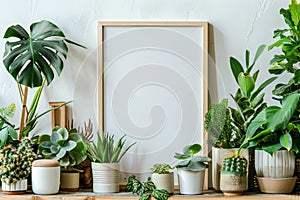 Minimalist interior with various potted plants and blank frame on a wooden shelf